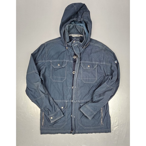 Kuhl Jacket Mens Large Rekon Canvas Pirate Blue Full Zip Stowaway Hood Pockets